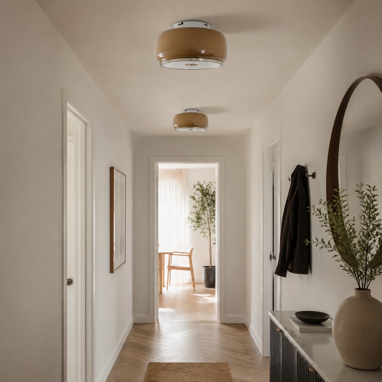 Amber glass flush-mount ceiling light in a bright hallway